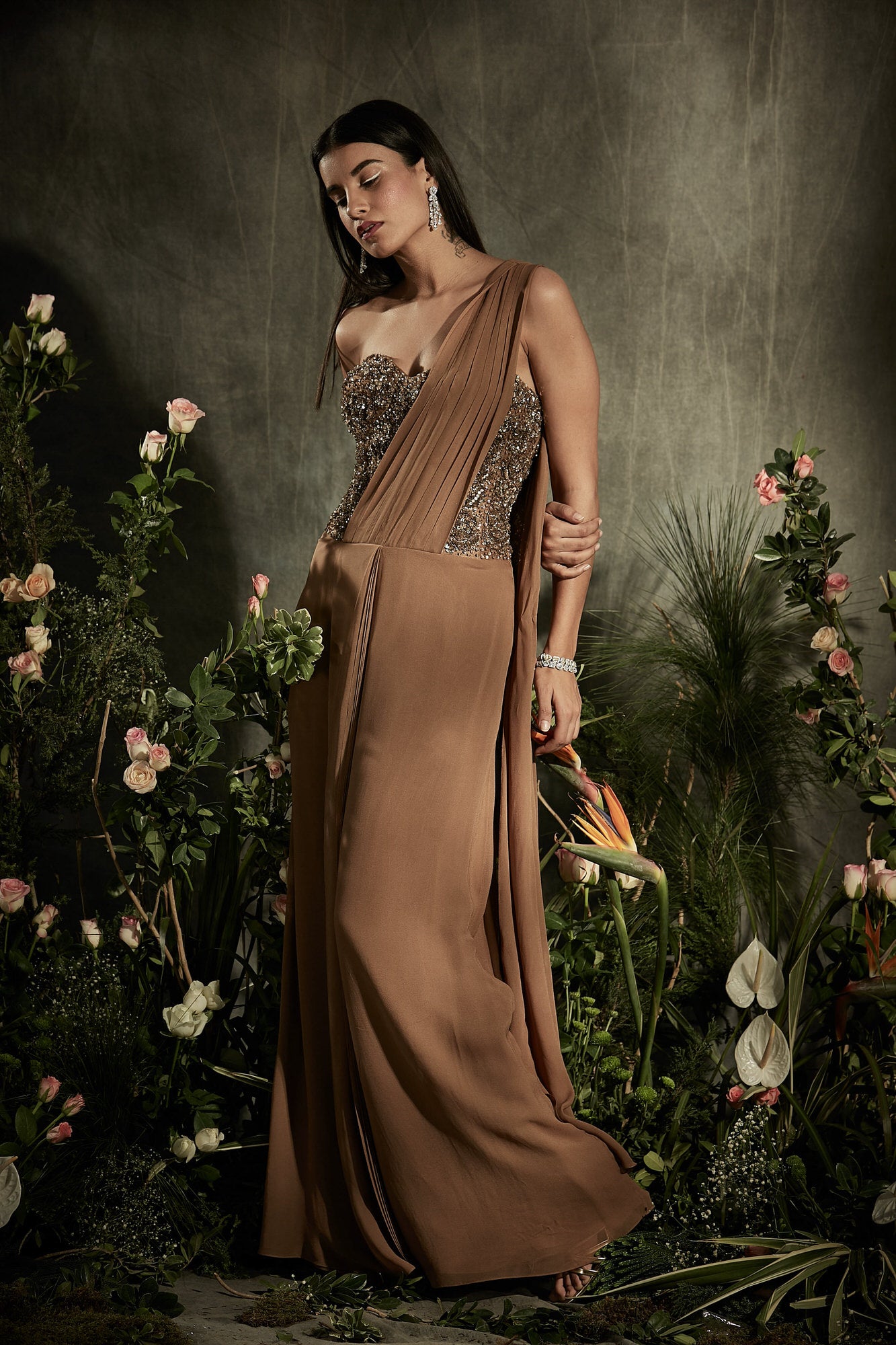 saree corset dress Beige Satin Pre Draped Saree With Embroidered Corset Blouse