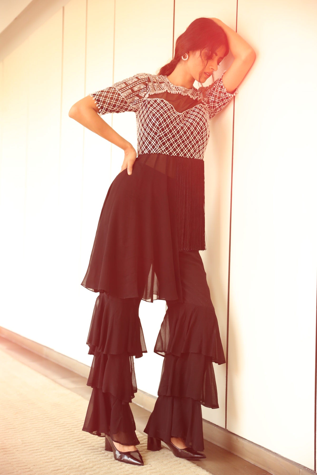 Asymmetric Fringed Top with Three Tiered Pants