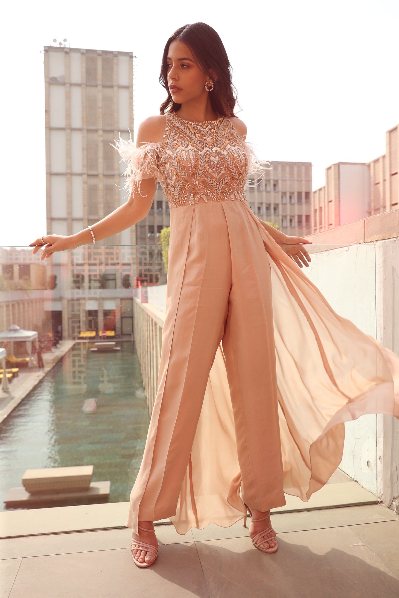 Peach Embroidered Cold Shoulder Jumpsuit