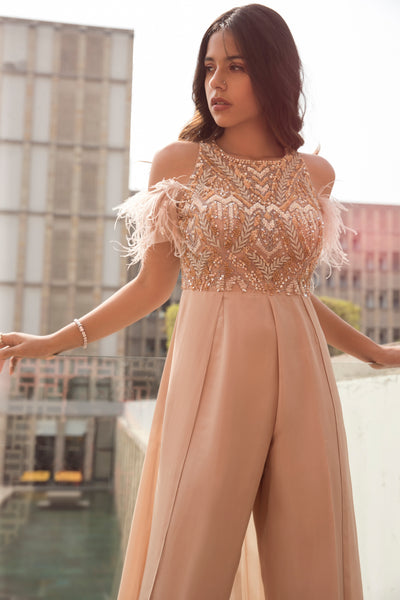 Peach Embroidered Cold Shoulder Jumpsuit