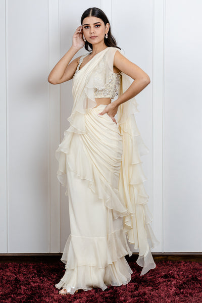 Ruffled Saree with floral embroidered blouse