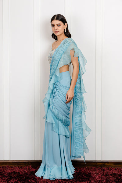 Organza Gathered Draped Saree with an Off Shoulder Crystal Blouse