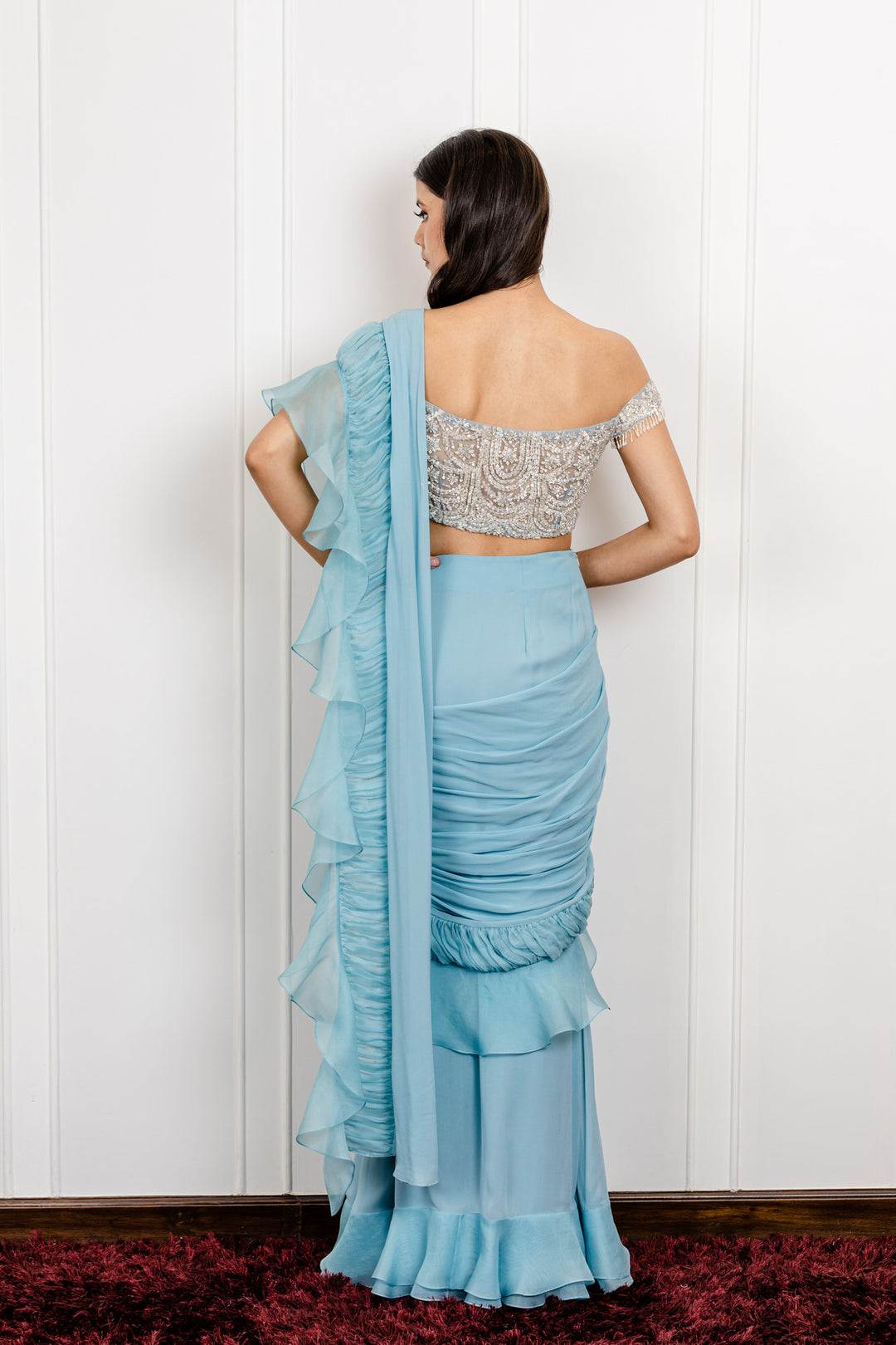 Organza Gathered Draped Saree with an Off Shoulder Crystal Blouse Anushkaa Bajaj