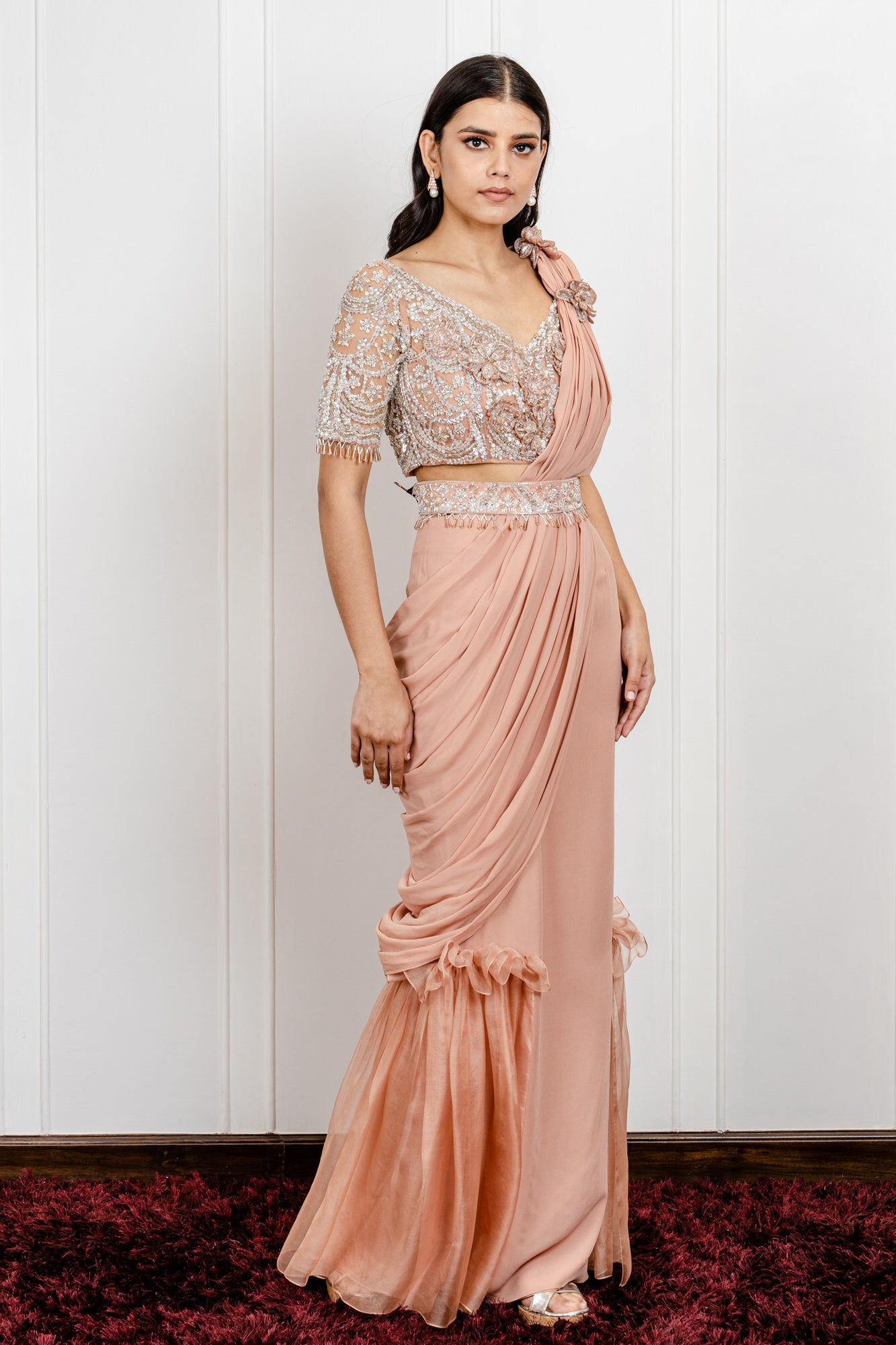 Side Organza Saree with a floral blouse and belt